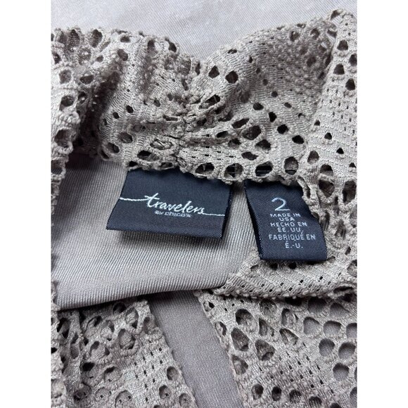 Travelers By Chicos Open Front Perforated Cardigan Size 2 Taupe Lightweight Topp - Picture 4 of 11